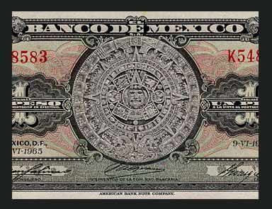 PESO Banknote MEXICO 1965 BCV   Ancient AZTEC CALENDAR   Pick 59 