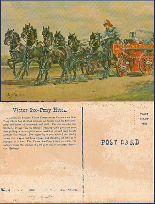 VICTOR SIX PONY HITCH PULLING ANTIQUE FIRE ENGINE {QjQ}  