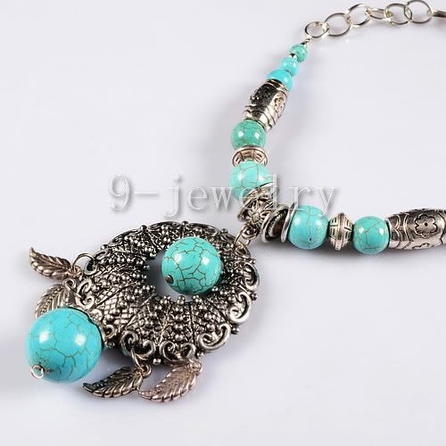 Turquoise Ball Tibet Silver Flower Necklace TS0970  