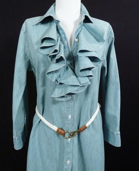 NEW Ralph Lauren Womens Chambray Denim Ruffle Dress MED w/ Rope Belt 