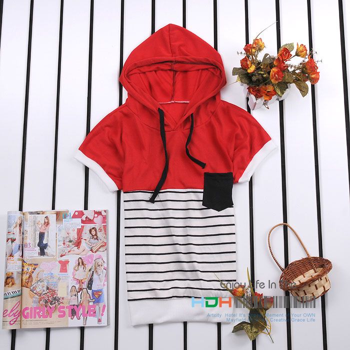 T1476 Stripe Mix Color Hoodie Black Pocket Top T Shirt  