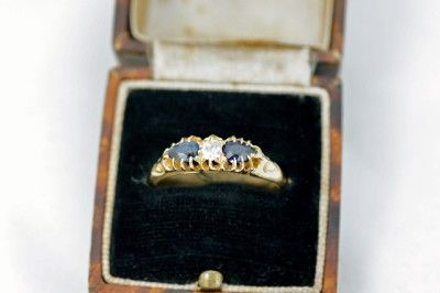 Antique Victorian 18ct 18k Gold Diamond Sapphire Ring Original Box 