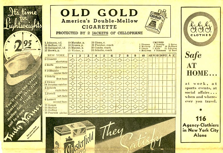   DiMAGGIO ROOKIE SCORECARD YANKEES vs. BOSTON RED SOX 8/20/36  