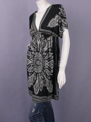 Stylish Black Printed Dolman Sleeve Surplice Tunic L  