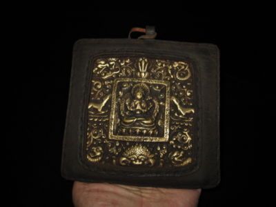 Old Nepal Tibet Yak Leather Gilt Chenrezig Buddha Ghau  