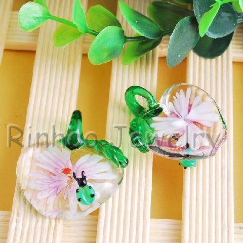 6PCS Heart Beetle Flower Glass 26*35MM Craft Pendants  