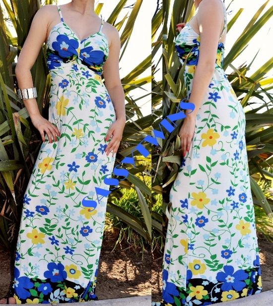 I745 FLORAL YELLOW,BLUE MAXI LONG GOWN DRESS S/M,M/L  