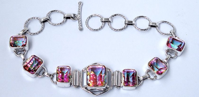 SPARKLING RAINBOW TOPAZ OCTA 925 STERLING SILVER ARTISAN LINK BRACELET 