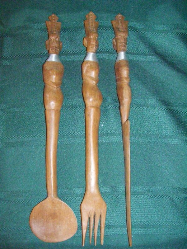 Set of 3 African Carved Wood Wooden Spoon Fork Knife  