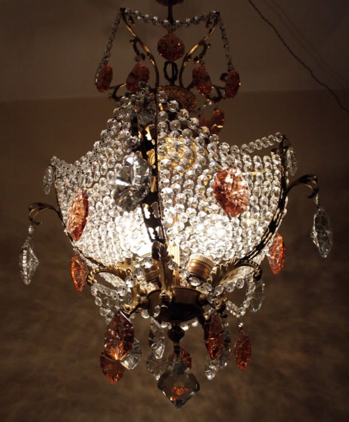 Antique Brass & Crystals Special Design Chandelier Pendant RARE 1950s 