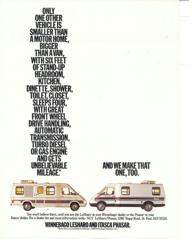 Winnebago Lesharo and the Itasca Phasar 1985 Vintage Print Ad  