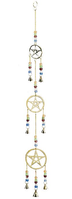 PENTACLES WINDCHIME Brass w/ Glass Beads pagan  