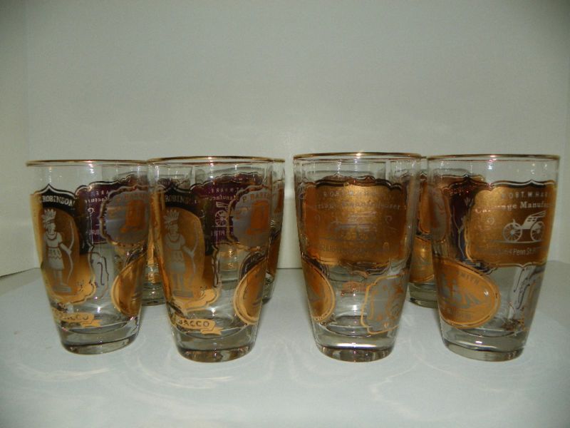 VINTAGE OLD WHISKEY GLASSES SET OF 8 GOLD # 57  