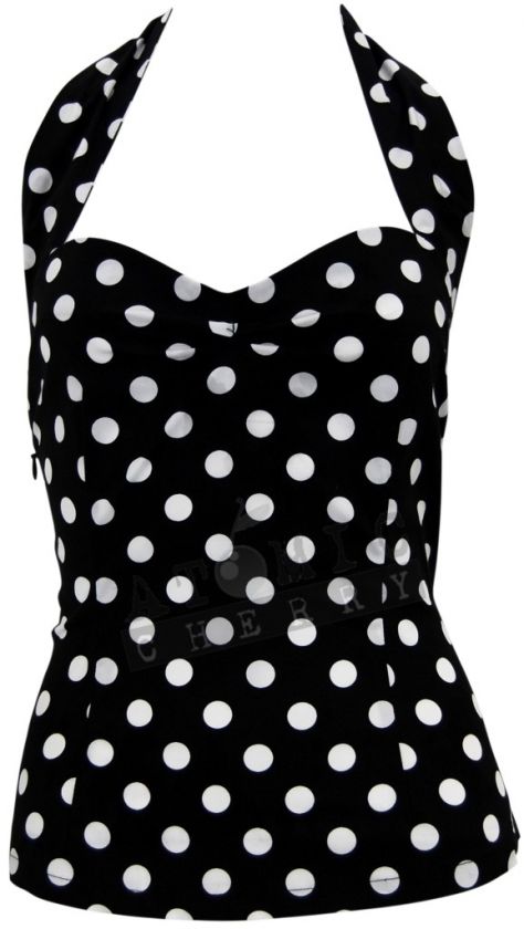 50s Polka Dot Halter Top Black Rockabilly Pin Up New  