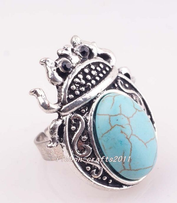   shipping tibet silver turquoise ladybug Adjustable Finger Ring 9746
