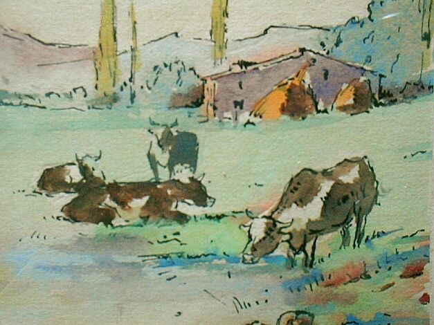 FRAMED WATERCOLOR PAINTING FRENCH COWS MOOR 1930  