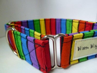 Warm Wags 1.5 Wide Cotton Martingale made with Bright Rainbow Stripes 