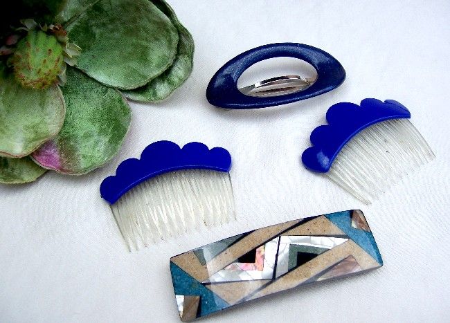 Lot 4 funky retro vintage blue hair comb barrette GOODY  