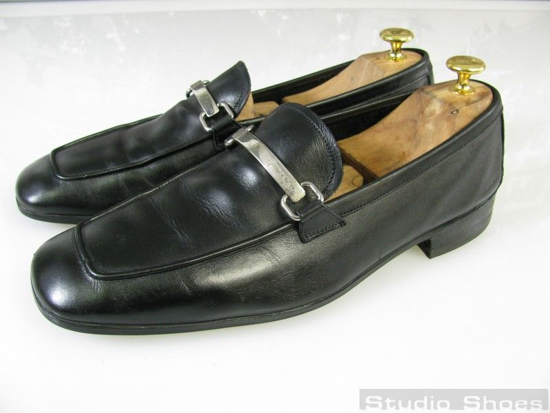 PRADA Italy Authentic Black Buckle Loafers Dress Slip On Shoes Mens UK 