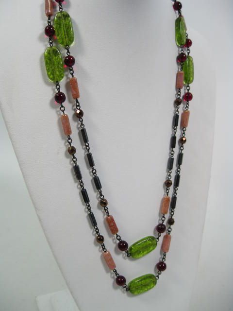 NEW BEN AMUN Etched Glass Beaded Long Chain Necklace  