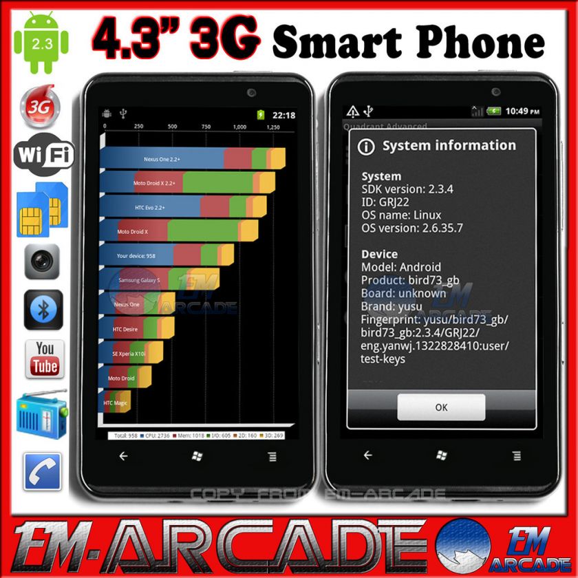 Dual SIM Android 3G WCDMA Capacitive WiFi GPS 4.3 Smart Phone 4G HD7 