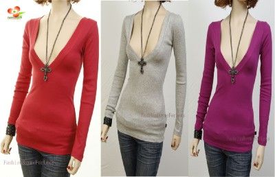 Outlaw Long Sleeve Cotton Stretch deep V Neck Knit Top Fitted Tee 