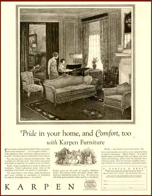 LOVELY MUSIC ROOM DECOR IN 1924 KARPEN FURNITURE CO. AD  