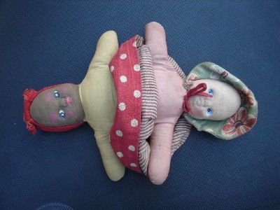 EARLY TOPSY TURVY FOLK ART DOLLS BLACK WHITE c 1900  