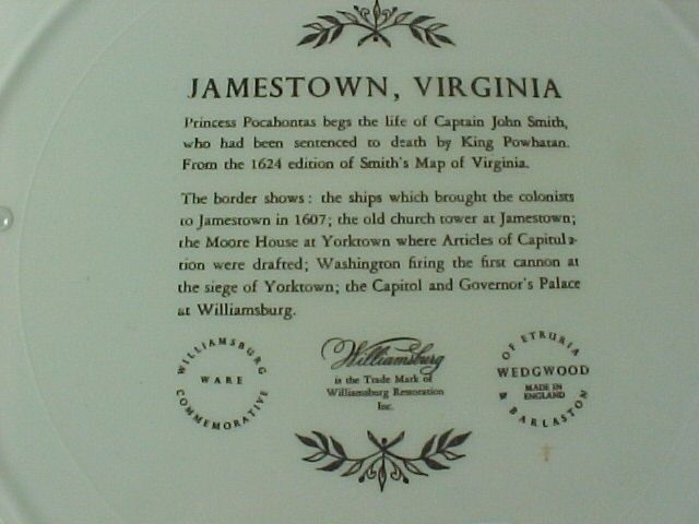 Wedgwood Williamsburg Jamestown Smith Pocahontas Plate  