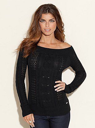 NWT GUESS $69 Karen Cable Knit Off Shoulder Top Black Sweater S 4 5 