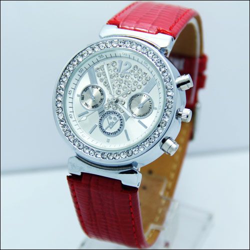 Diamond Crystal Luxury Lady Women Leather Watch Red  