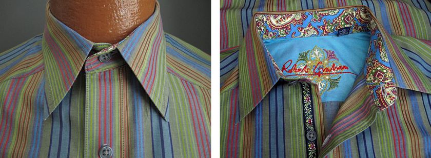 Robert Graham Mens Multicolor Stripe w/ Paisley Cuffs Casual Dress 