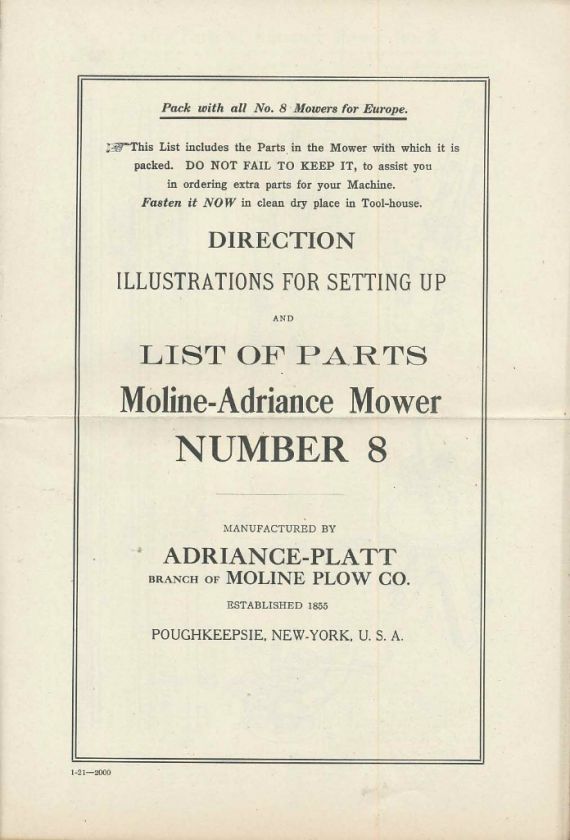 LIST MANUAL EARLY 1900s MOLINE ADRIANCE MOWER No 8 MOLINE PLOW COMPANY 