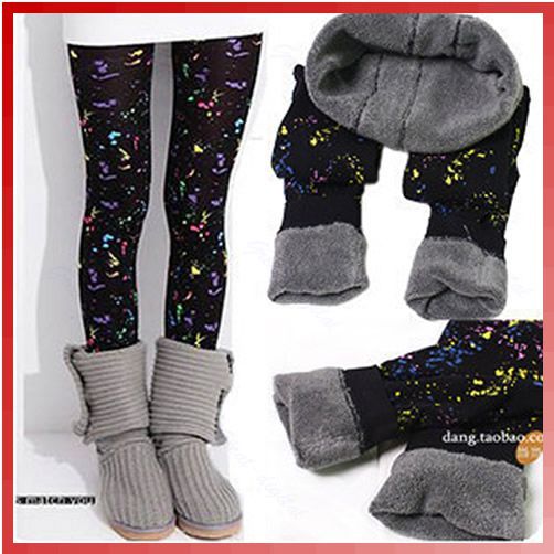 Women Winter Warm Doodle Bamboo Black Thick Terry Tights Footless 