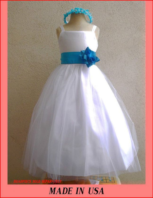 NEW FLOWER GIRL PAGEANT RECITAL DRESS WHITE TURQUOISE  