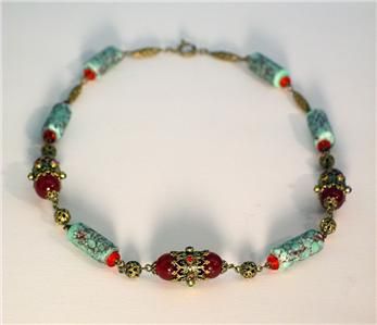 ANTIQUE LATE VICTORIAN FILIGREE & BOHEMIAN ART GLASS NECKLACE 1895 