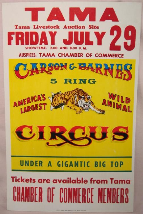 Carson & Barnes Tiger Circus Poster 22 x 14 Tama Iowa  