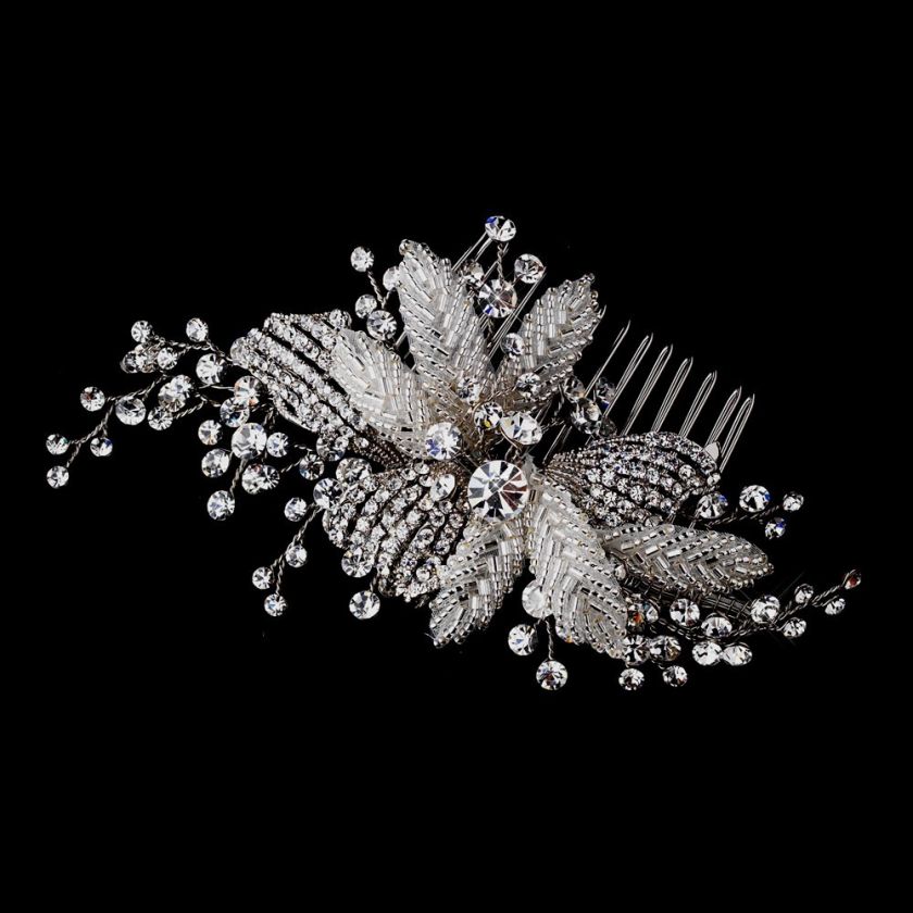 Antique Silver Crystal Flower Bridal Hair Comb  