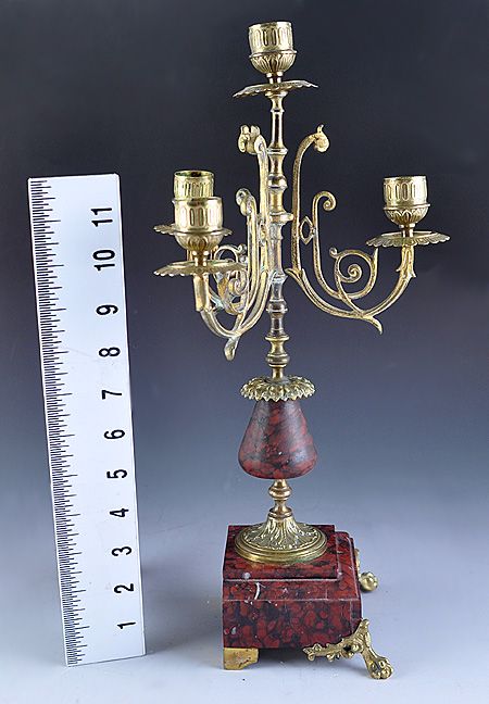 19th CENTURY FRENCH RED MARBLE BRONZE/BRASS MANTEL CANDELABRA  