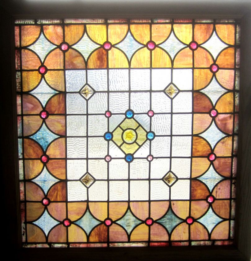 ANTIQUE AMERICAN STAINED GLASS WINDOW ~ 29 JEWELS ~ ARCHITECTURAL 