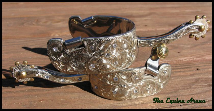   Engraved Equitation Shank Rowel Spurs with Inset ClearCrystals  