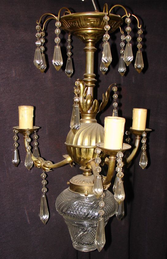 Nice old French 3 arms small bronze & prism chandelier  