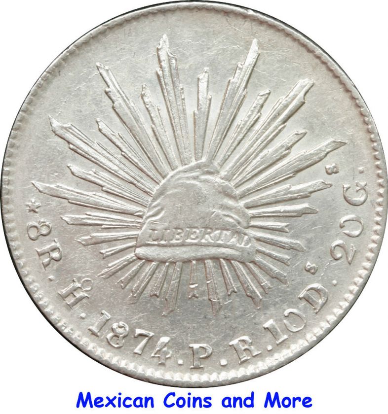 Mexico 8 Reales Ho 1874 P.R. Hermosillo Mint, Slightly Scarce.  