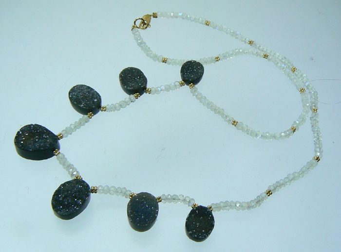 DRUZY AGATE FACETED FIRE MOONSTONE 14K GOLD NECKLACE  