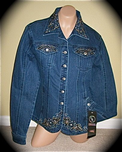 CHRISTINE ALEXANDER SCROLL DENIM SWAROVSKI CRYSTAL STUDDED JACKET 