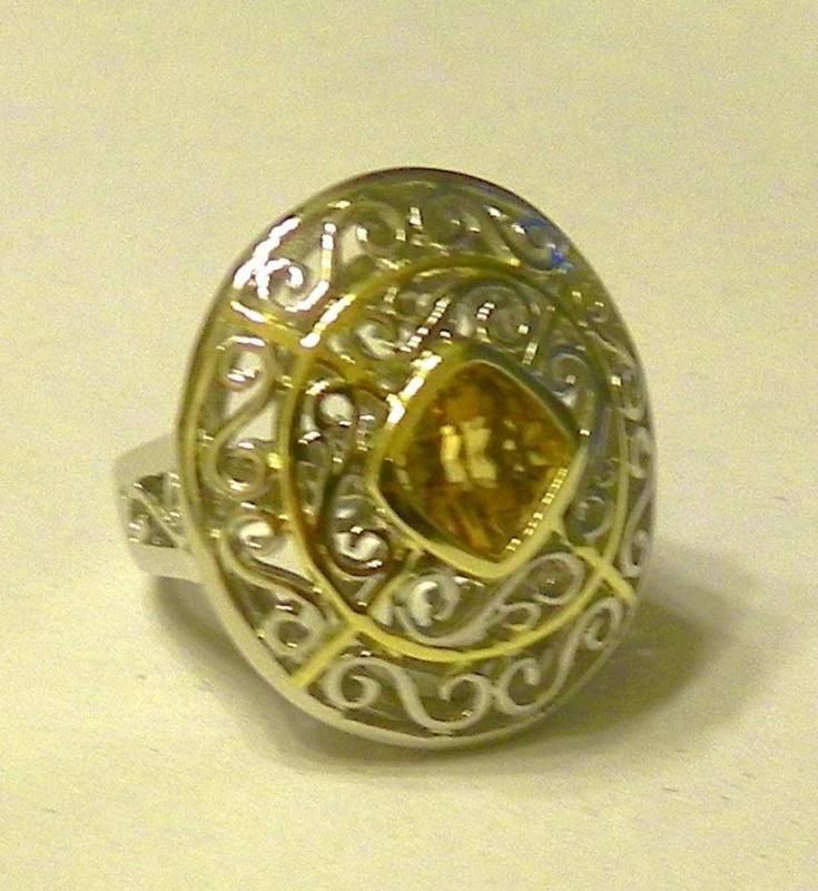   SILVER & 18K YELLOW GOLD CLAD CITRINE RING**BIG BOLD DESIGN**SZ 7