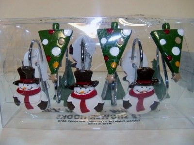 NEW CHRISTMAS Shower Curtain Hooks Snowman Trees SNOW FUN Winter NIB 