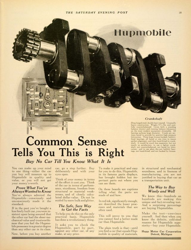 1924 Ad Commonsense Hupmobile Car Hupp Motor Detroit   ORIGINAL 