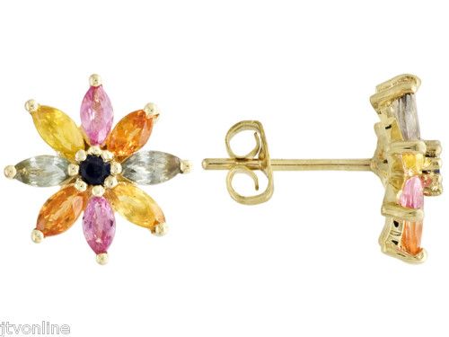 Womens Multi Color Sapphire 10k Gold Flower Earrings  