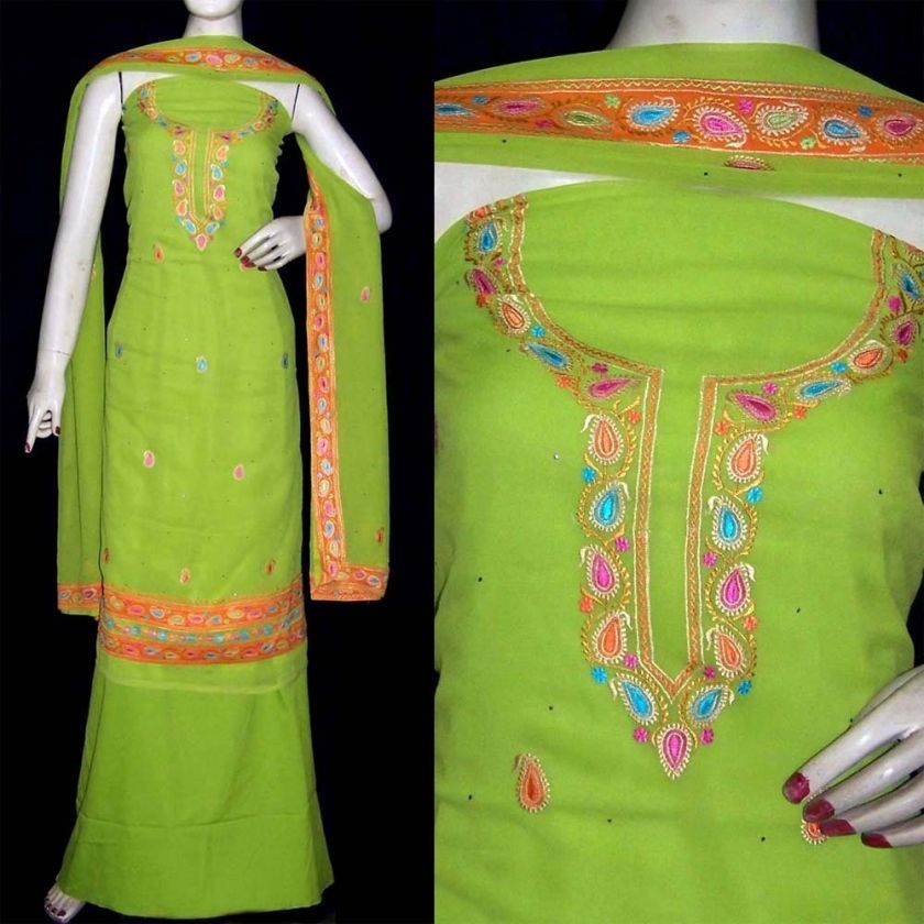 LIME GREEN INDIAN SALWAR KAMEEZ SUIT MATERIAL w RESHAM EMBR NECKLINE 